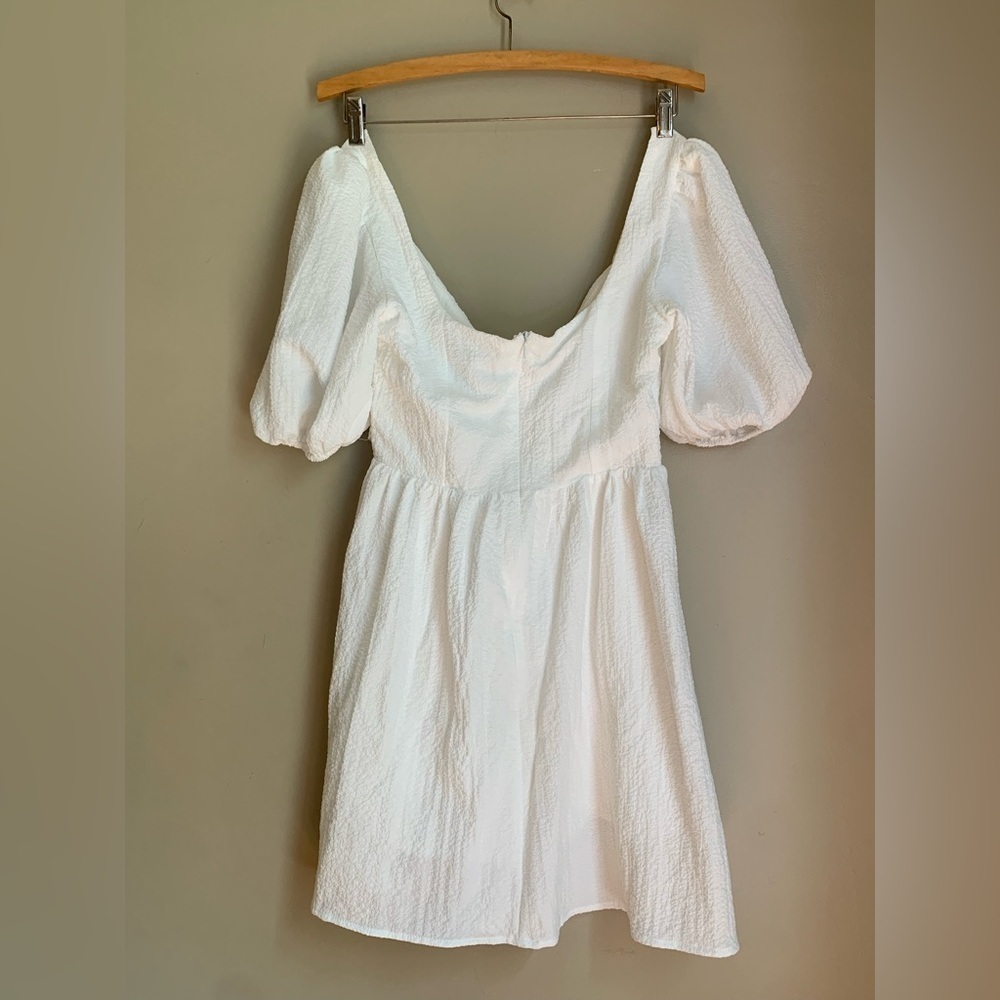 Lulus white crinkle dress mini graduation honeymoon beachy bridal puff sleeve - Picture 6 of 8